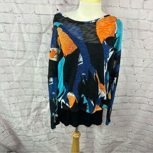 Chelsea & Theodore Multicolor Abstract Top dolman sleeve sheer lined L